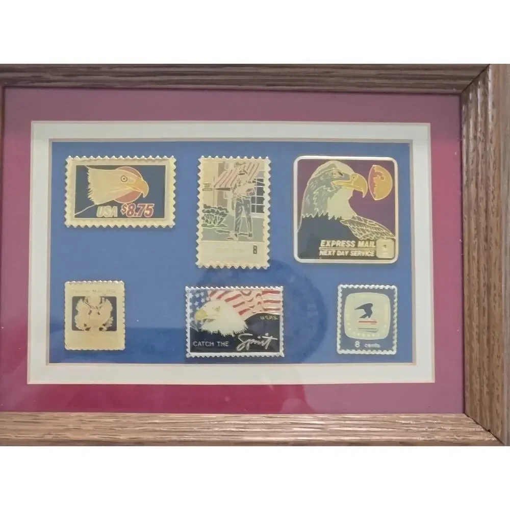 Vintage U.S. Postal Service Framed Stamp 6 Gold Enamel Pin Set Catch The Spirit